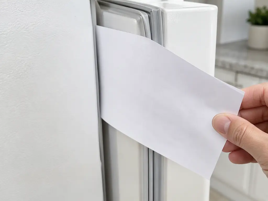 Mano colocando una hoja de papel blanco en el empaque de la puerta de la nevera para revisar si cierra bien